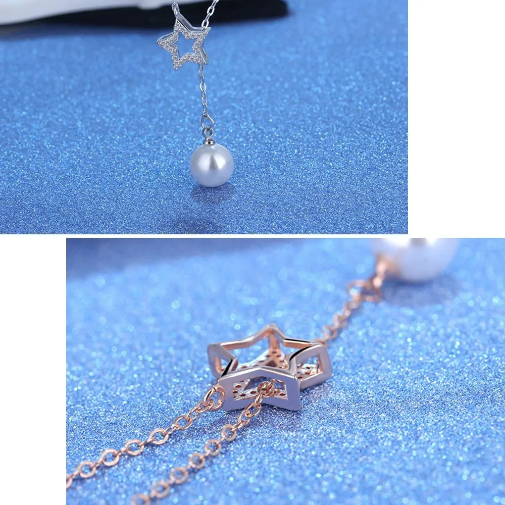 Weiße Nachahmung Perlen Anhänger Halsketten Für Frauen 925 Sterling Silber Zirkonia Star Trendy Schmuck Koreanische Art Geschenk Ladi