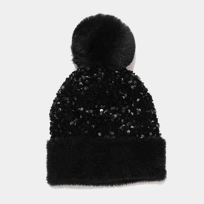 Brand Inverno de malha gorros chapéu luxo lantejoulas lantejoulas femininas pompom chapéu caps 211229