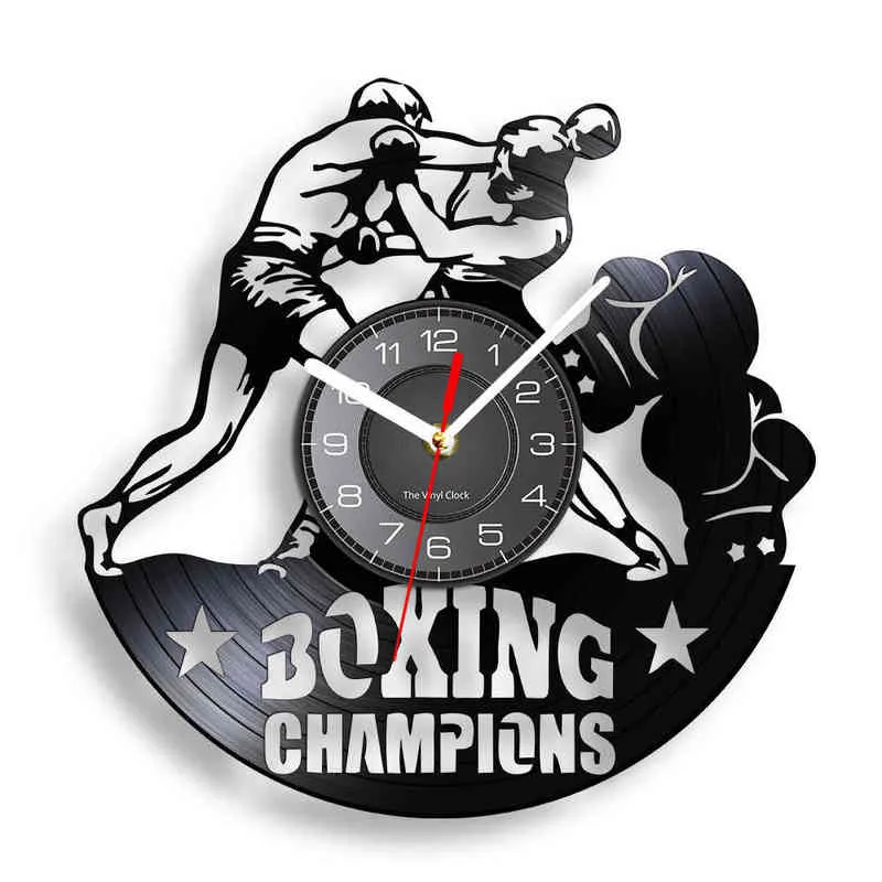 L'horloge en vinyle Boxer Champions GYM Fighting Inspiré Gants de boxe pour la décoration murale Art Vinyl Album Disque Artisanat Horloge H1230