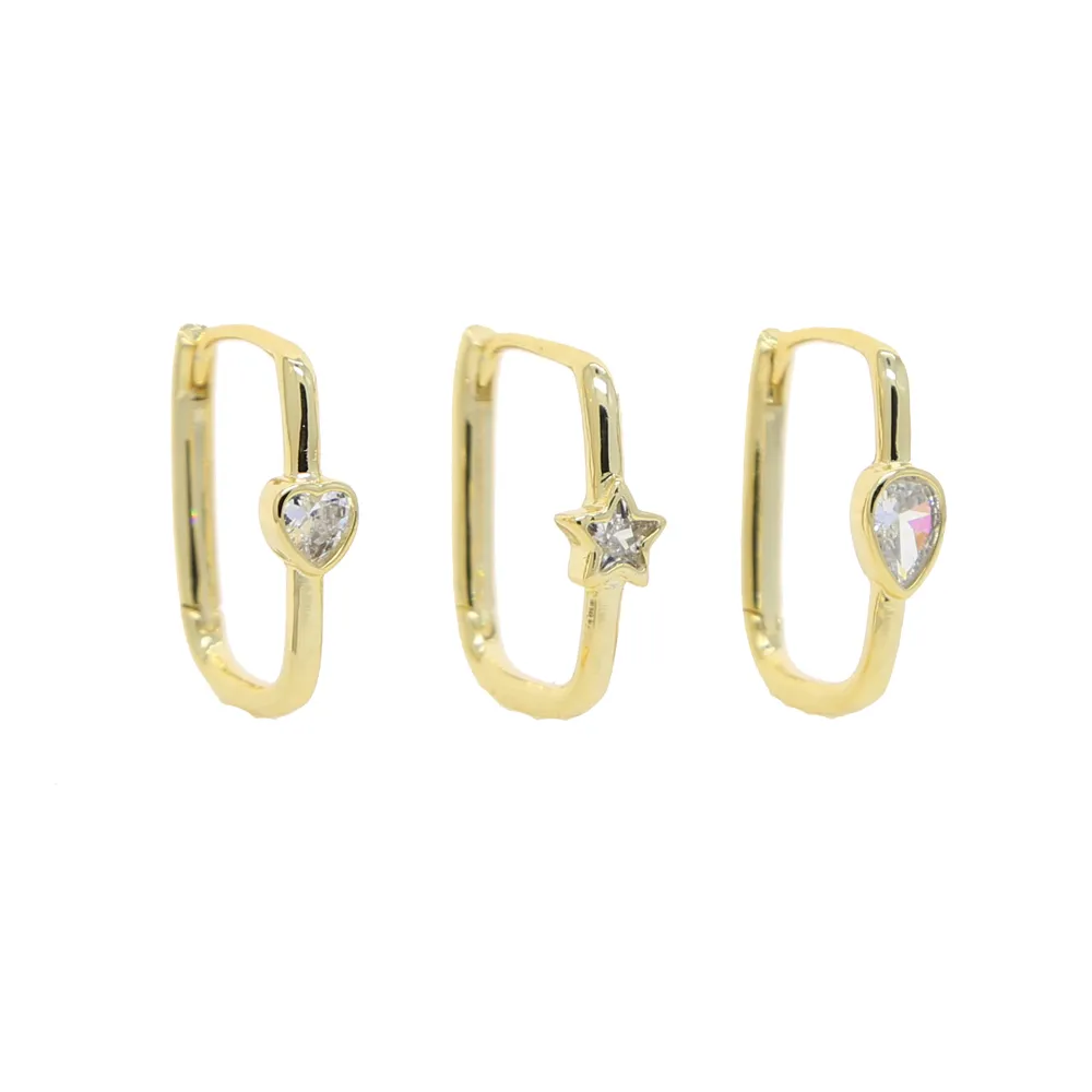 2021 New Arrival Rose Gold Color Geometric Waterdrop Star Heart Single CZ Simple Multi Piercing Rectangle Huggie Hoop Earring