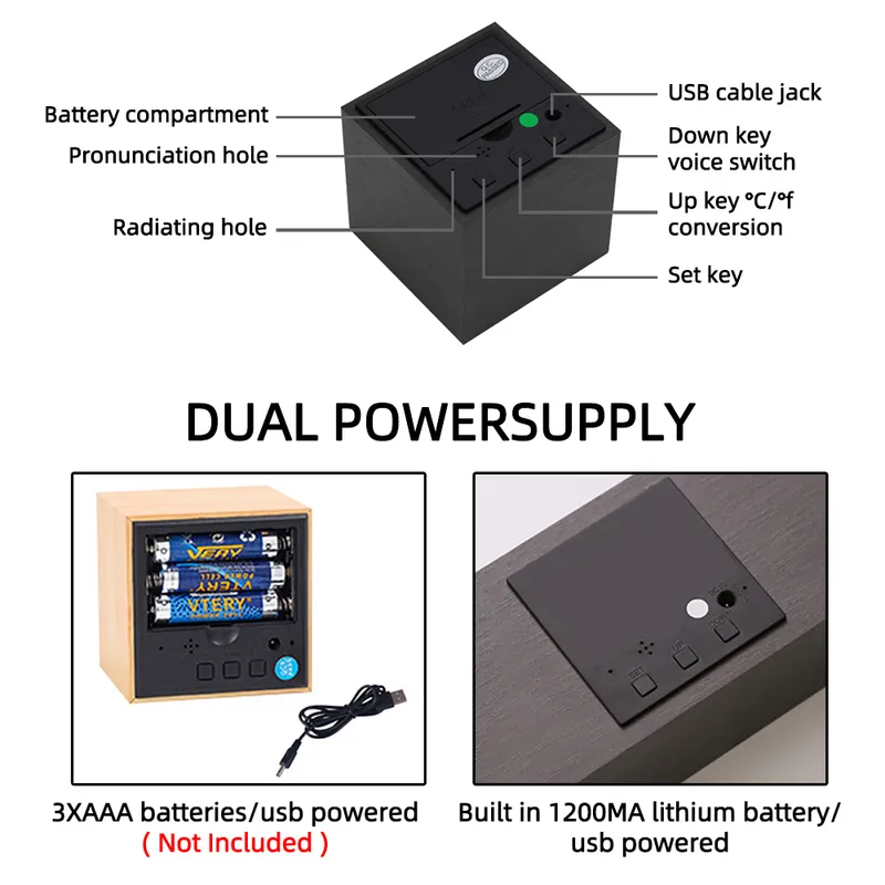 Led Trä Digital väckarklocka Klocka Tabell Voice Control Wood Despertador USB / AAA Powered Electronic Desktop Decor 220311
