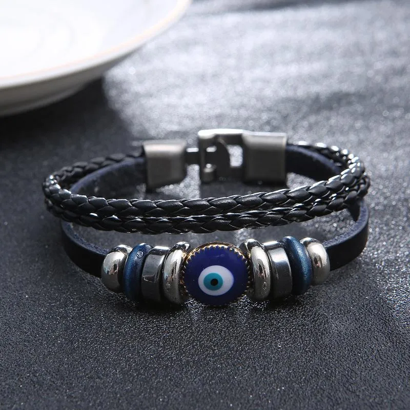 Bracelets de charme Punk Design Turc Blue Eye pour hommes Femme Mode Bracelet en couches Bracelet en cuir noir Vintage Bijoux Fawn22202p