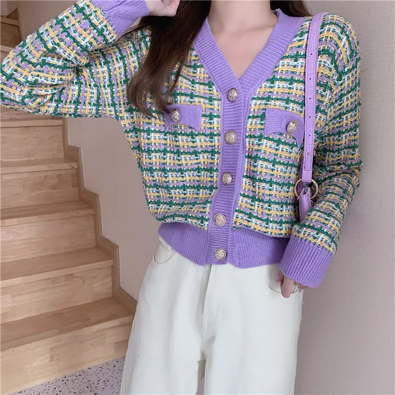 Autumn Winter Women's Cardigan French Retro Checkered Cardigans New Contrast Color Long-sleeved Short Knitted Coats LL734 201031