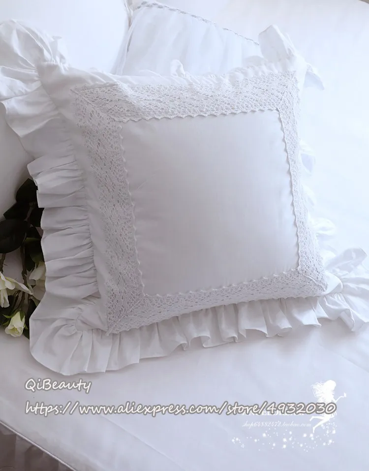 Flounced Embedded Lace Vit Satin Pure Cotton Cushion Cover Kudde Skal / Kudde 220309