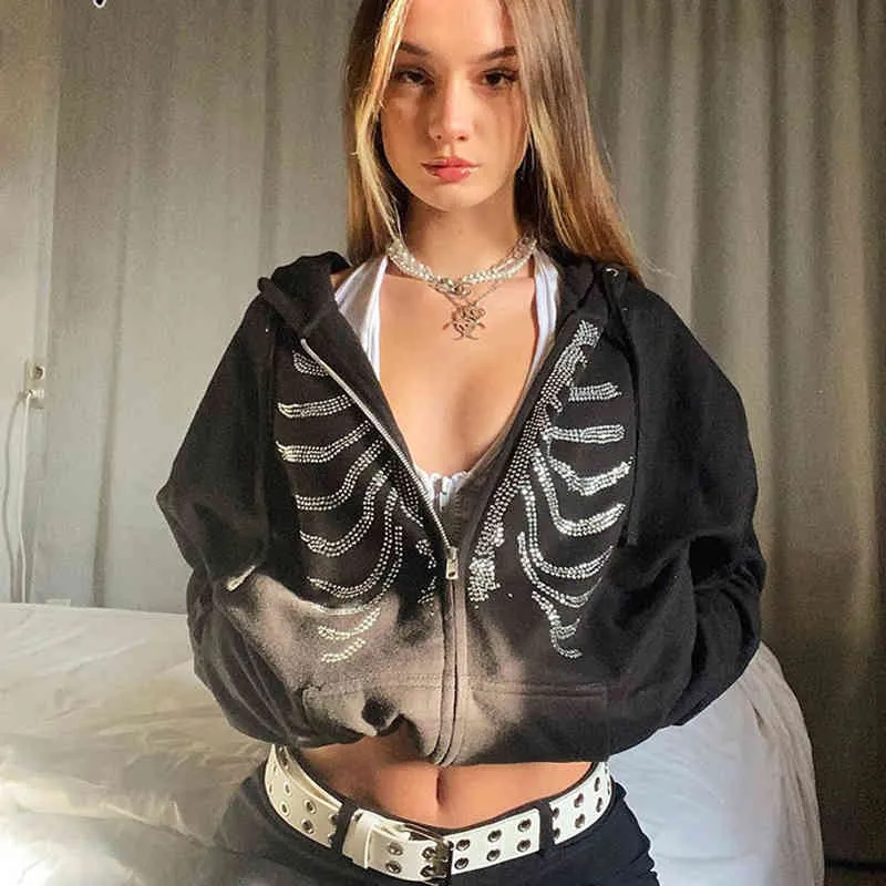 2022 offres spéciales squelette sweats à capuche femmes gothique noir fermeture éclair surdimensionné sweats femme rétro Harajuku veste à capuche Streetwear