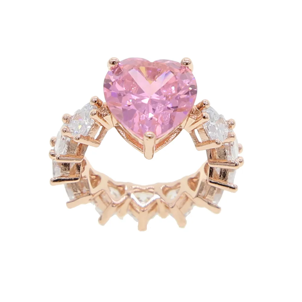 2021 День святого Валентина подарок для подруги розовый белый CZ замороженный Bling Full Heart Zirconia Band Обручальное кольцо