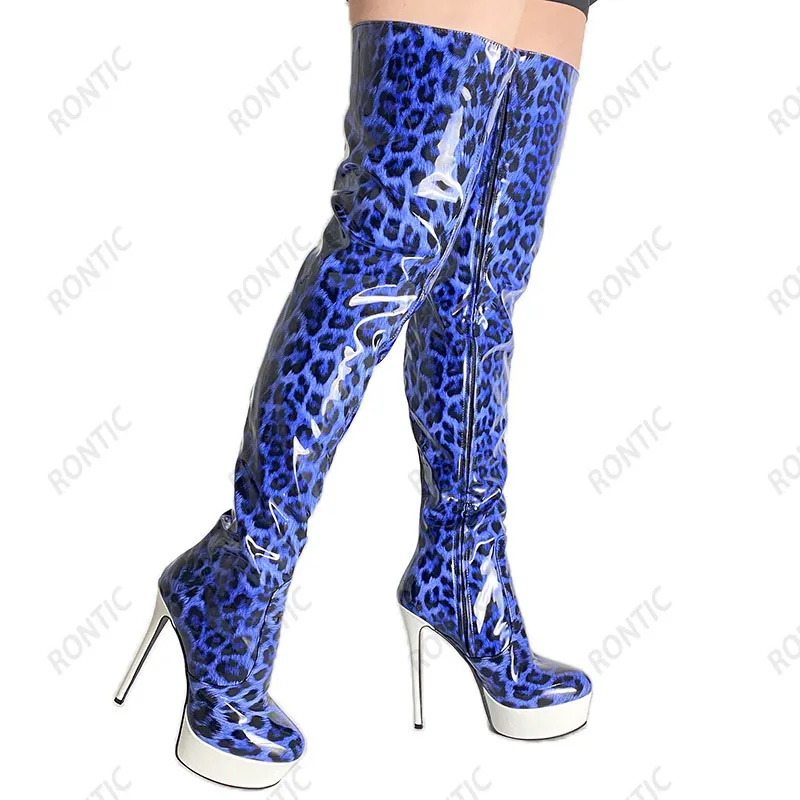 Rontic handgefertigte Damen Winter-Oberschenkelstiefel, Plattform, sexy Stiletto-Absätze, runde Zehen, wunderschöne Leoparden-Nachtclub-Schuhe, US-Größe 5–20