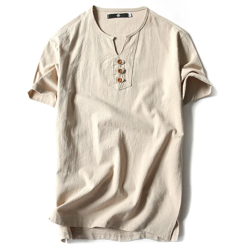 Homens camiseta de algodão de verão Tshirts Casual manga curta estilo chinês vintage v neck t-shirt plus tamanho tamanho grande preto tops 220312