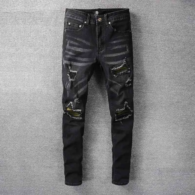 designers jeans amirrss mäns byxor nya oss casual hip hop high street slitna ut och slitna tvättstänk på målade smala passform jeans man #688 fb6o