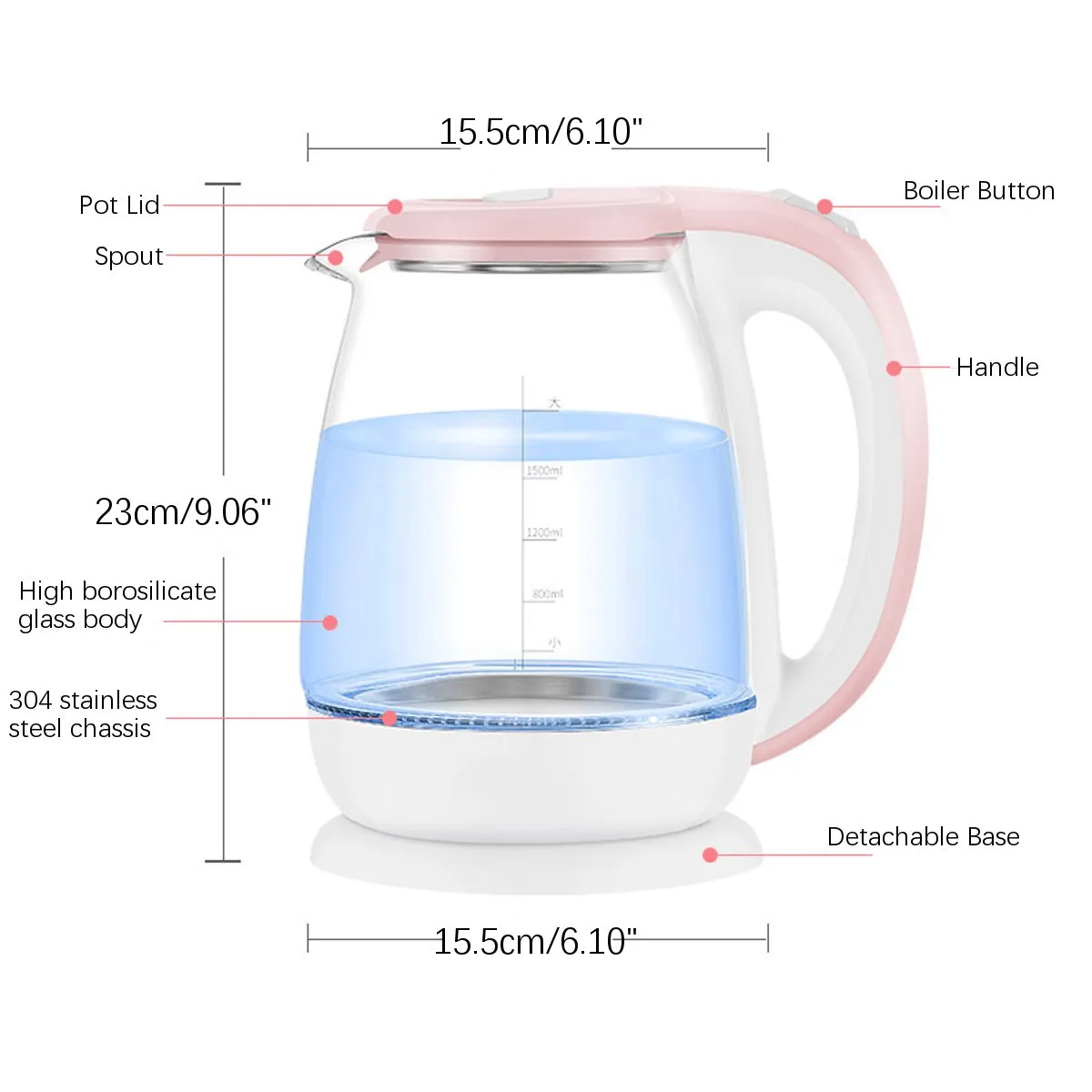 Bollitore elettrico automatico in vetro rosa da 1,8 litri 1500 W Scaldabagno Bollente Teiera Elettrodomestico da cucina Controllo della temperatura2168