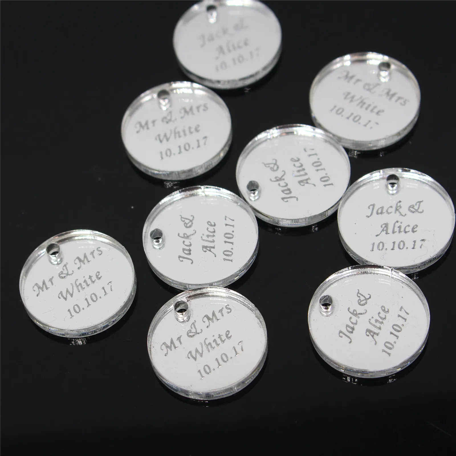 50 Personalized Bride Baptism Engraved Silver Mirror Round Decoration Coin Table Decor Circle Favor Tag For Wedding & Engagement C275W