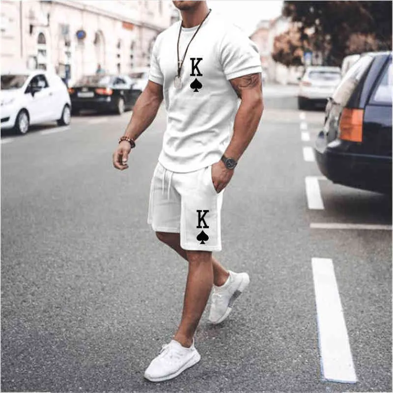 Erkek Spor Katı Renkli Mektup K Baskı O-Boyun T-Shirt Suit Yaz Moda Açık Eğlence Spor Şort Takım 2-piece Set W220228