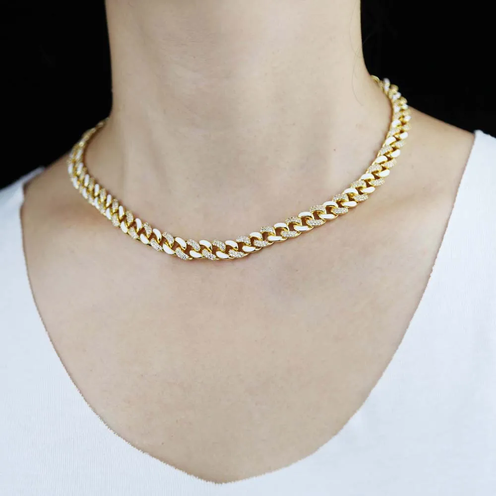 New Arrival Enamel Gold Color Cuban Link Chain Half Enamel Half CZ Cubic Zirconia Cuban Choker Necklace Adjusted Slider Chains for277v