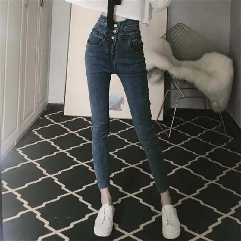 Kvinnor hög midja elastiska skinny denim penna byxor mamma jeans camisa feminina damer slim casual curtaped byxor kvinnlig streetwear lj201029