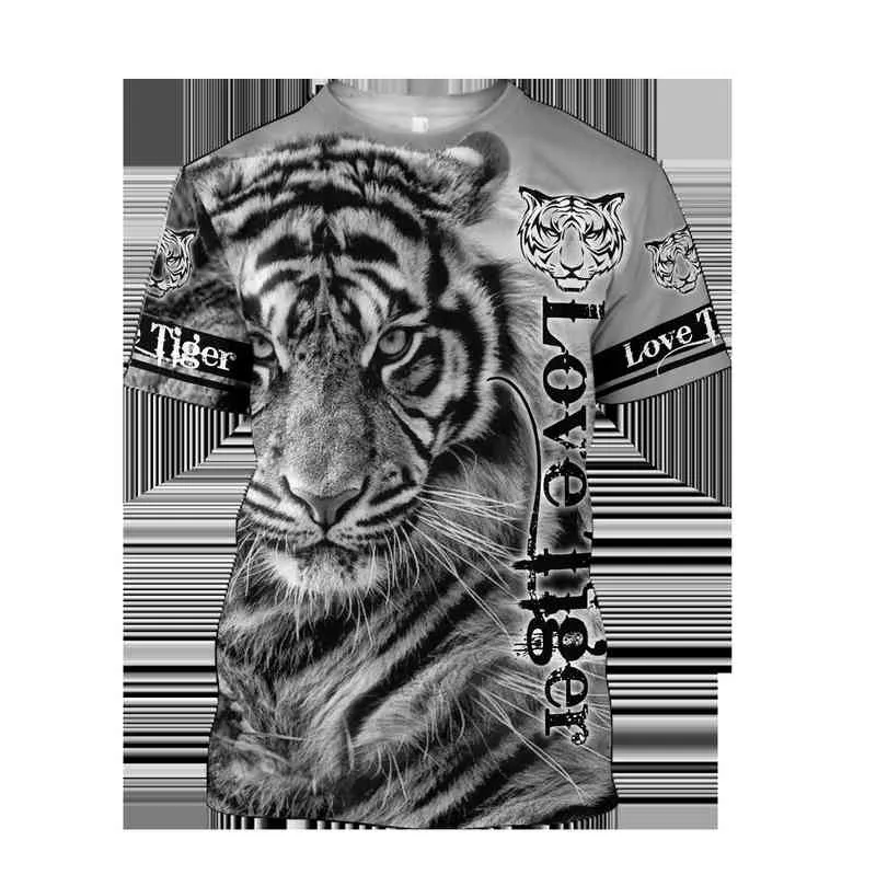 2021 Verão Homens T-shirt Premium Tiger Pele 3D Impresso T-shirt Harajuku Casual Manga Curta T-shirt Unisex Tops QDL014 Y220214