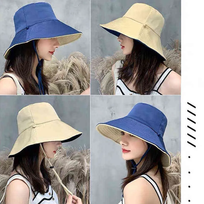 Summer Women Anti-UV Wide Brim Sun Hat Cotton Blende Panama Foldable Bucket Hat Korean Beach Visors Cap Sun Hat G220311