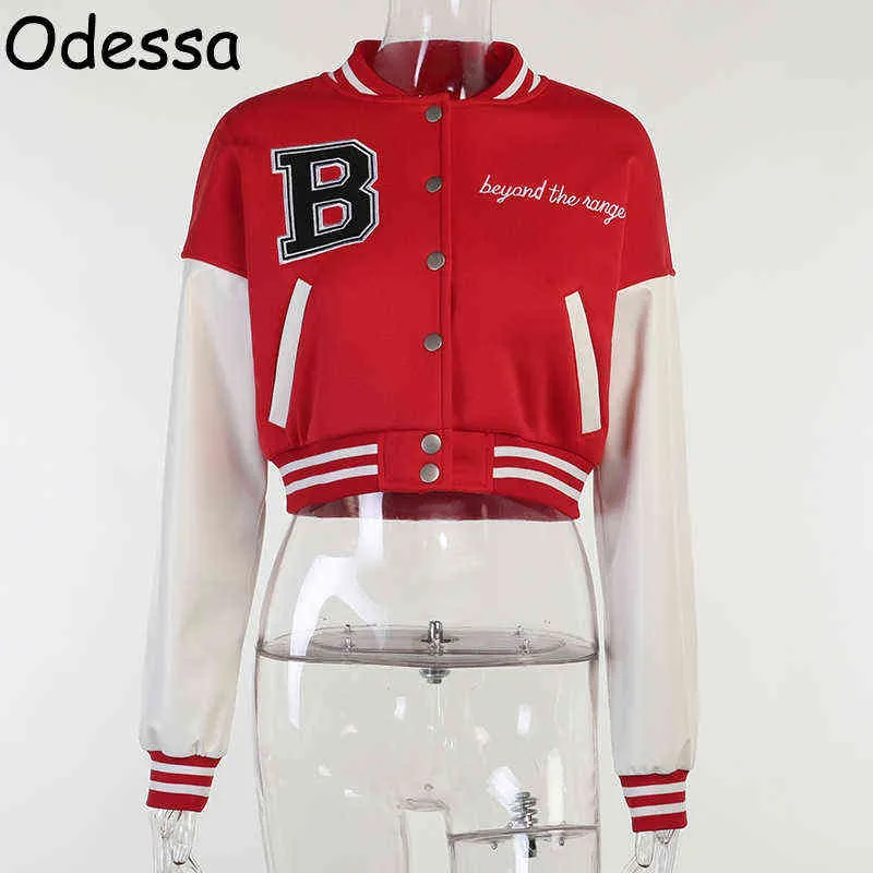 Odessa Winter Long Sleeve Woman Baseball Jacket Faux Leather Y2K Varsity Bomber Crop Women's Jackets Coats 211223