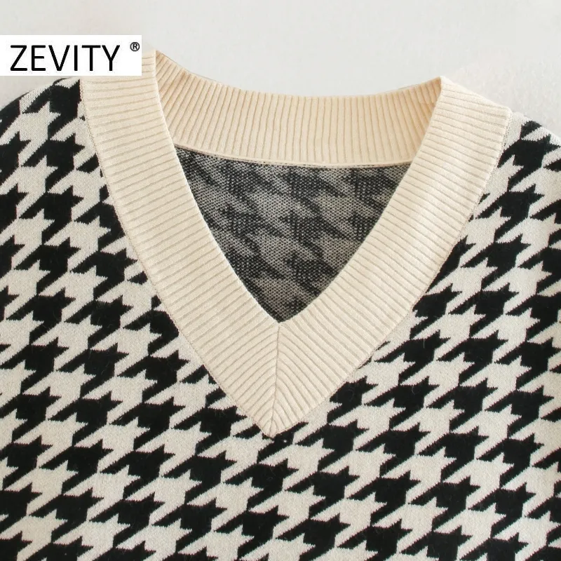 Zevity Women Vintage V Neck Houndstooth Print Yitting Vest Sweater Side feminino Split Pullover Chic Leisure Jumper Tops S448 201225