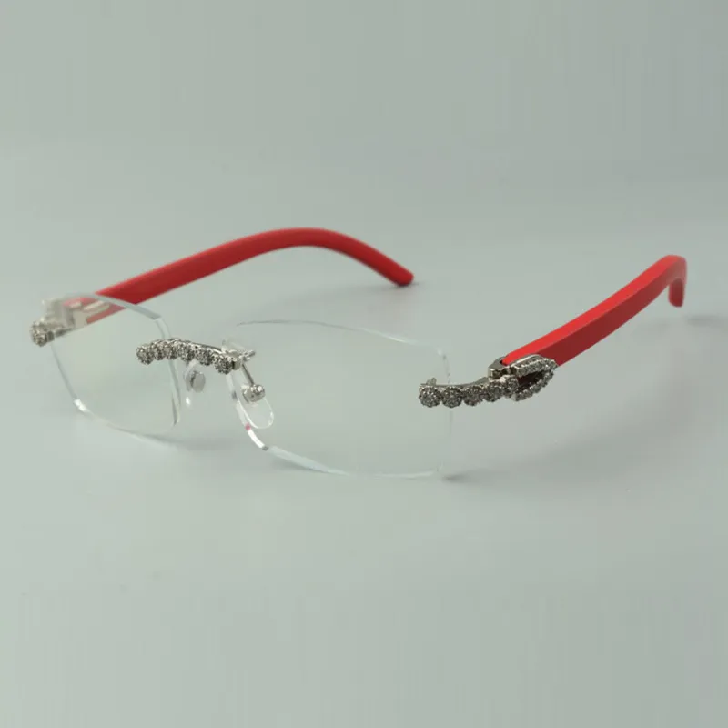 Designer-Bouquet-Diamantbrille, Rahmen 3524012 mit roten Holzbügeln und 56-mm-Linse256T