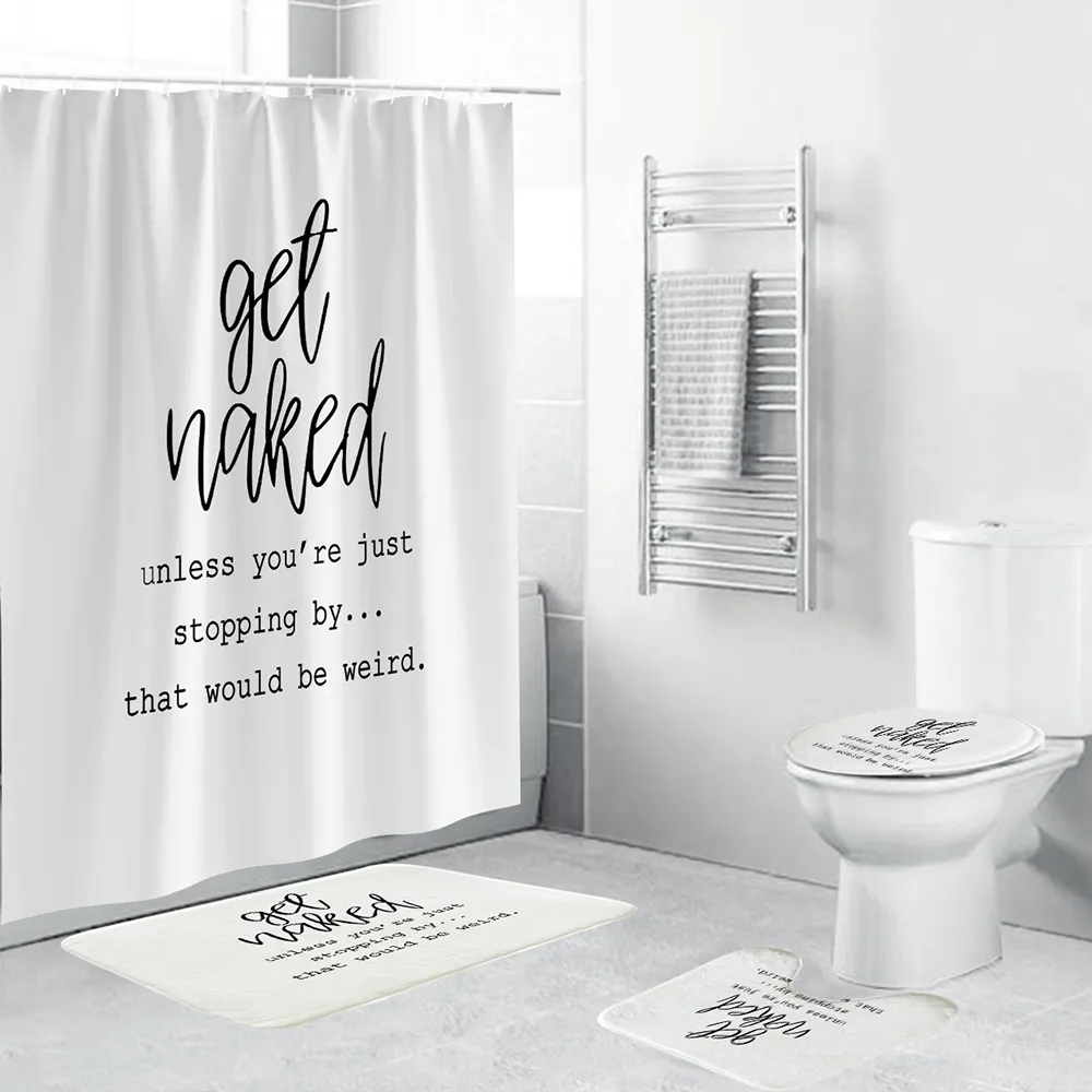 引用プリントホワイトシャワーカーテンポリエステルバスルームセット4ピーストイレットカバー浴室DIYの装飾T200711