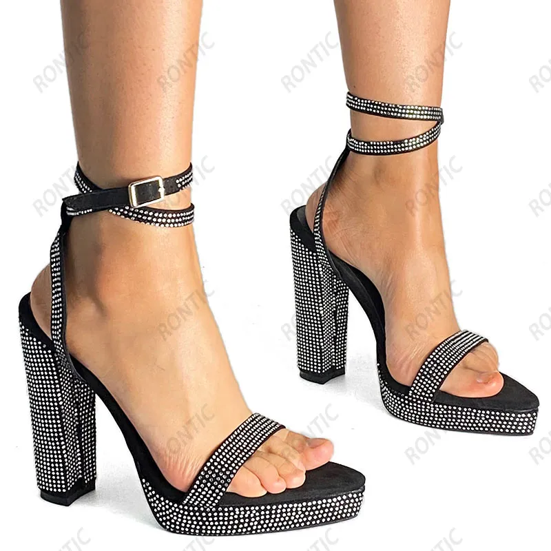 Rontic Anpassa Färg Kvinnor Plattform Sandaler Rhinestone Chunky Heels Pekade Toe Pretty Black Party Shoes Dames US Storlek 5-15