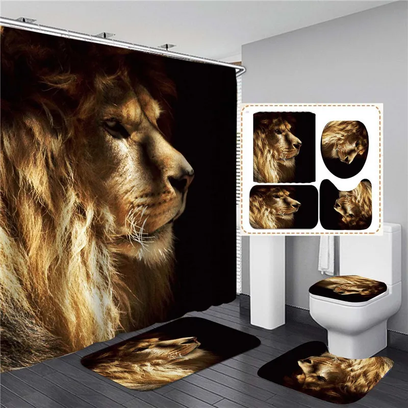 Black Tiger Animals Printed Shower Curtain Set Bathroom Bathing Screen Antislip Toilet Lid Cover Carpet Rugs Kitchen Home Decor 29461461
