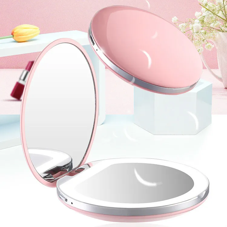 Espelho de maquiagem de bolso portátil de mini portátil com luz recarregável compacto 3x maquiagem de maquiagem beleza Y200114