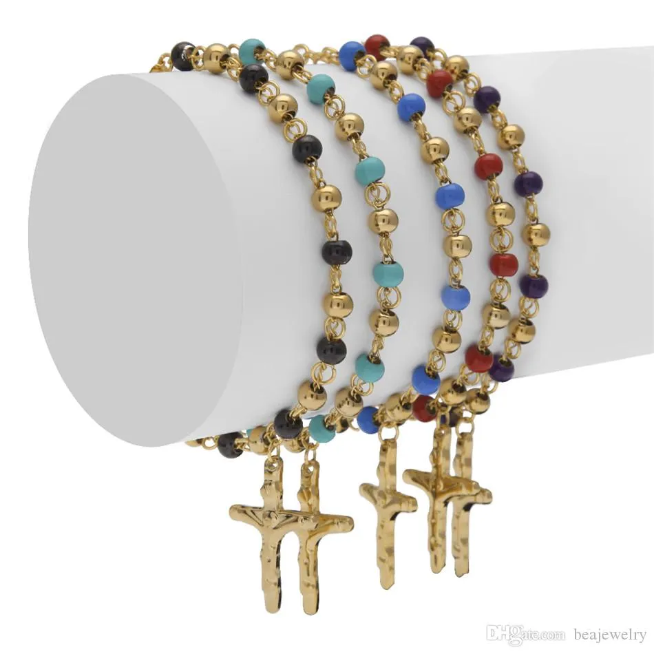Men Women Stainless Steel Jesus Cross Pulseras Rosary Bracelets Gold Bead Bracelet Fashion Hip hop Jewelry 18cm