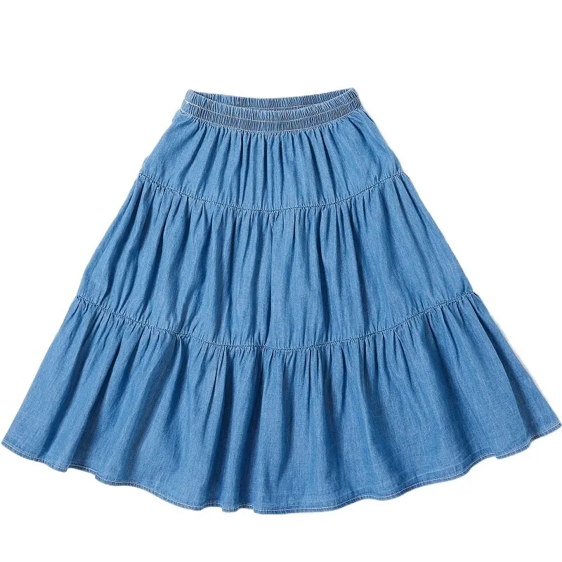 6 till 16 år, vår sommar tjejer kjol denim tonåring barnkläder för mamma och mig 100% bomullskåpa knä ruffles, # 5952 220216