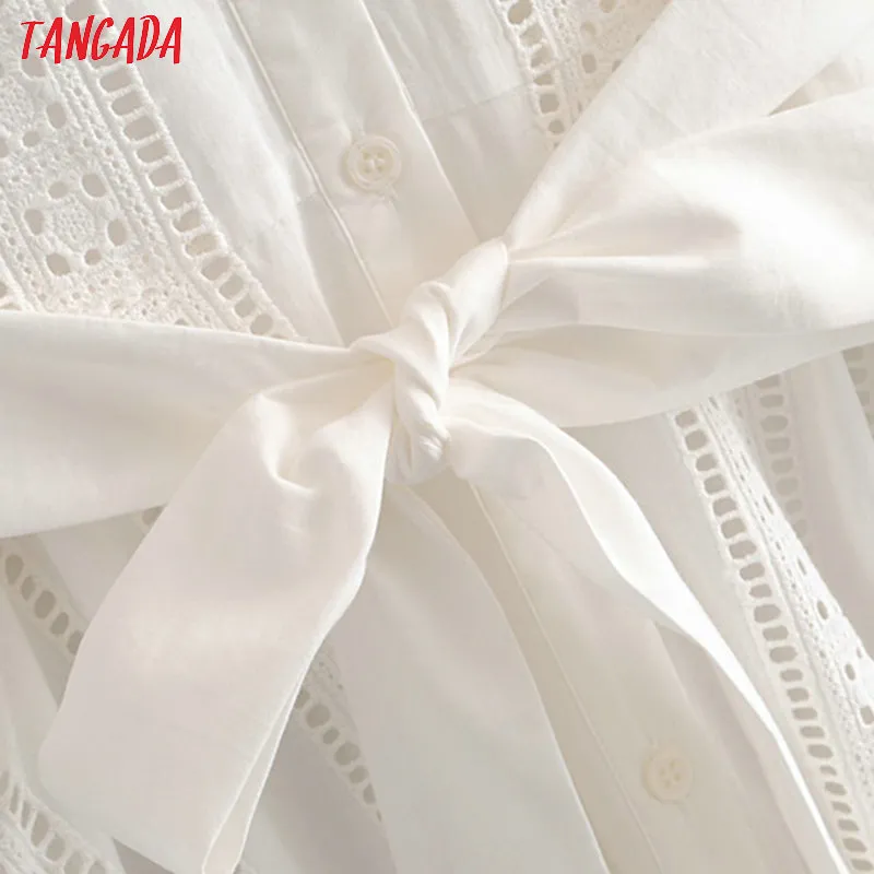 Женщины Tangada Белая Вышивка Рубашка Платье с Чуш с длинным рукавом Новые женщины Мини Платья Vestidos 3H104 T200604