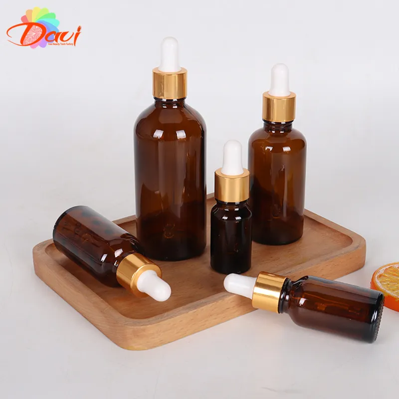 Gouden dop Amber glazen druppelflesje voor huidverzorging Aromatherapie Vloeibaar serum/essentie Basismassageolie Pipetnavulling