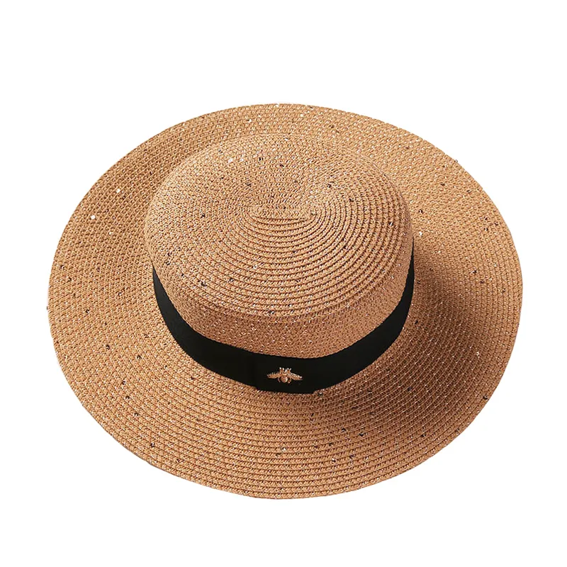 レディースサンボーターフラット帽子小さな蜂スパンコール麦わら帽子レトロゴールド編組帽子女性サンシェードシャインフラットキャップ RH 220712
