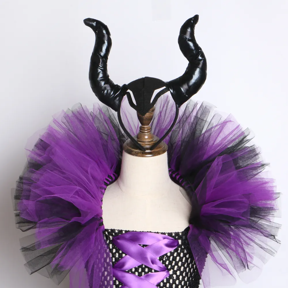 Maleficent Evil Queen Girls Tutu Dress with Horns Halloween Cosplay Witch Costume for Girls Kids Party Dress Children Clothing Y208291889