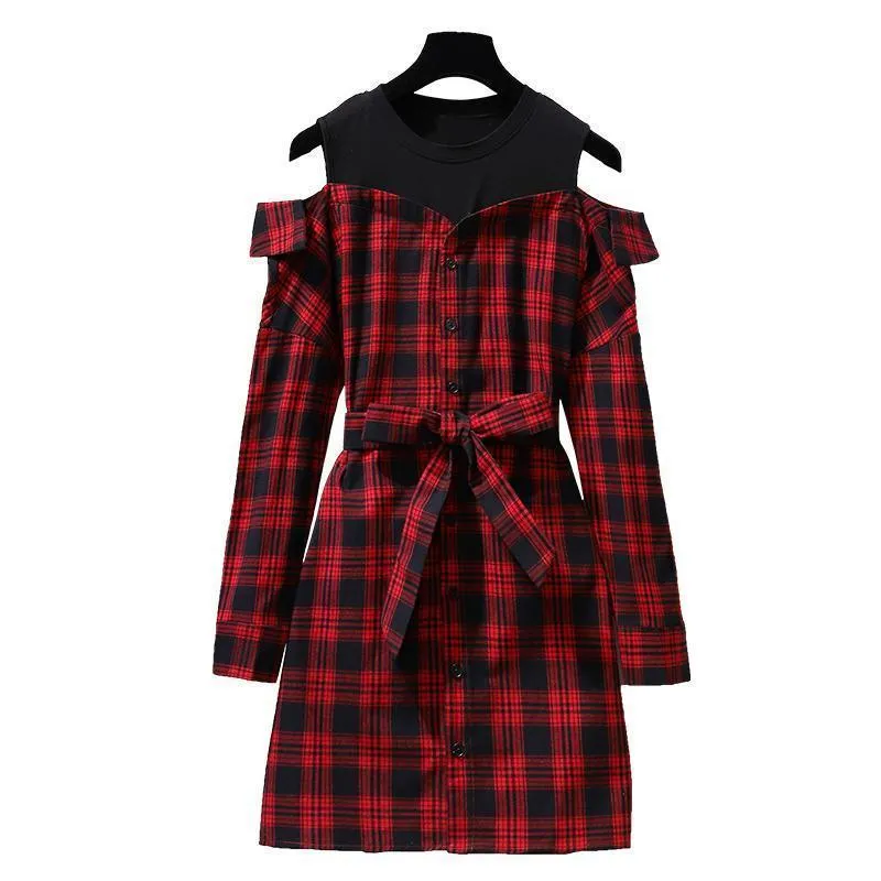 Ichoix Style coréen mignon robe de chemise à carreaux rouges à manches longues avec ceinture mini robe décontractée offshound printemps automne robe t200604