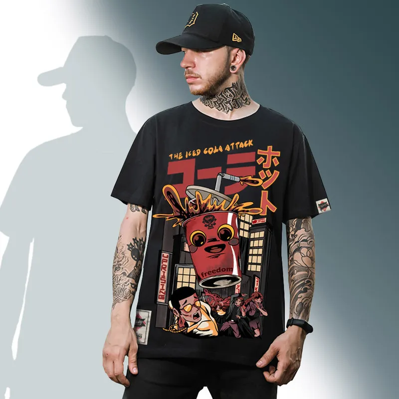 Japonês Harajuku Desenhos animados Cola Demonização Homens Hip Hop T Camisa Monstro T-shirt Streetwear Tops de Verão T-shirt T-shirt Hiphop 220312