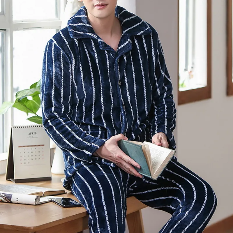 Wenyujh inverno engrossar quente macio flanela pijama conjuntos homens noite pijamas masculino manga longa pijama sleepwear terno casual homewear lj201113