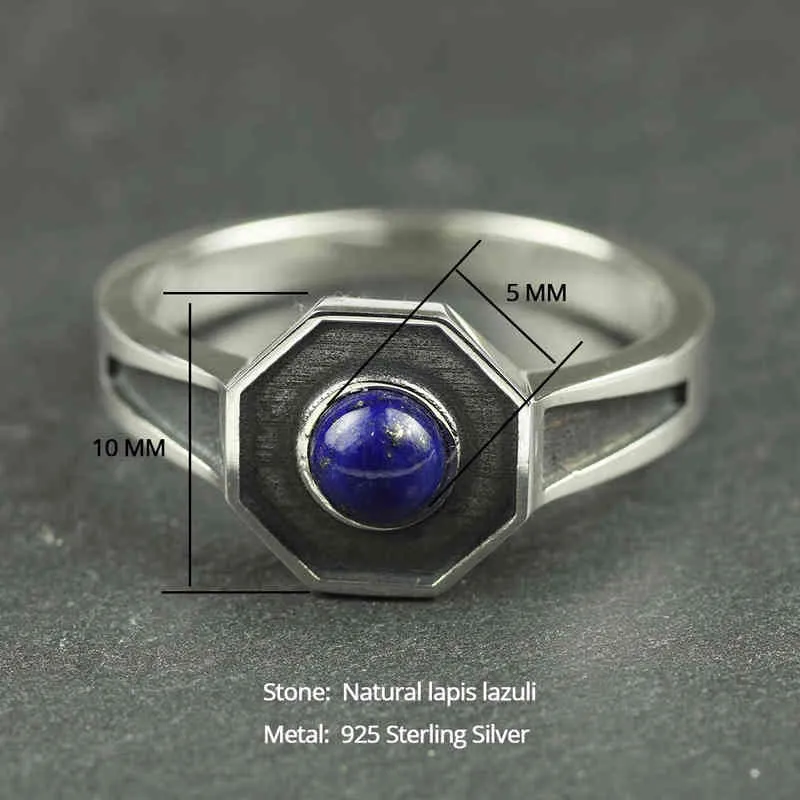 Bagues en argent sterling 925 de conception originale pour hommes et femmes avec pierre de lapis-lazuli naturelle en forme d'hexagone en forme d'anneau de bijoux élégant 211217