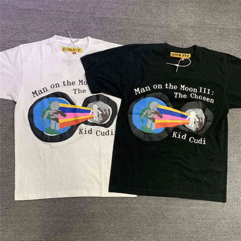 Skummande tryck CPFM x Kid Cudi Man On The Moon III T-shirt Herr Dam 1:1 Högkvalitativ Svart Vit Streetwear T-shirts Ny G1229