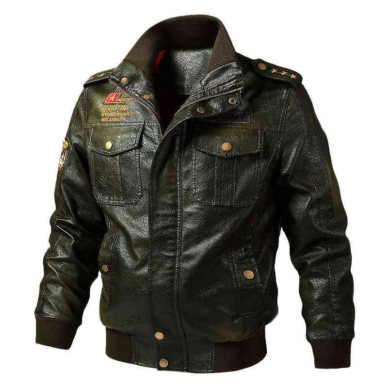 La veste en cuir pour hommes classique broderie Pu décontracté col montant Air Force pilote poche marron veste en cuir 220125
