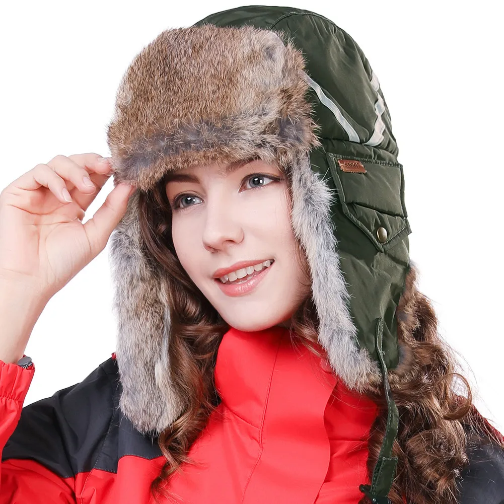 FANCET Winter-Unisex-Bomberhüte für Männer und Frauen, 100 % Kaninchenfell, Kunstfell, weich, warm, für die Jagd, Russland, winddicht, Uschanka 89135, Y200110