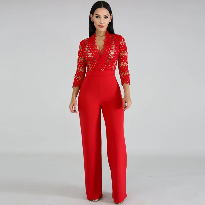 Long Sleeve Sexy Women Culotte Jumpsuit One Piece Elegant Party Evening Cocktail Wedding Wide Leg Romper Lace Hollow Out White Y208979589