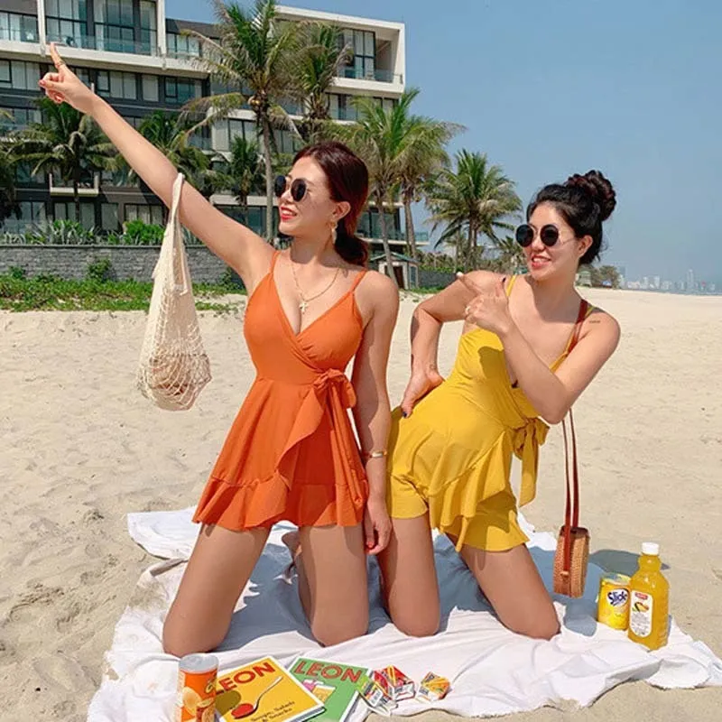 Korean Solid Bowknot Swimsuit women bikini 2020 Wrap Bandage Belt Swim Dress Swimwear Skirt Bathing Suits For Women T200708