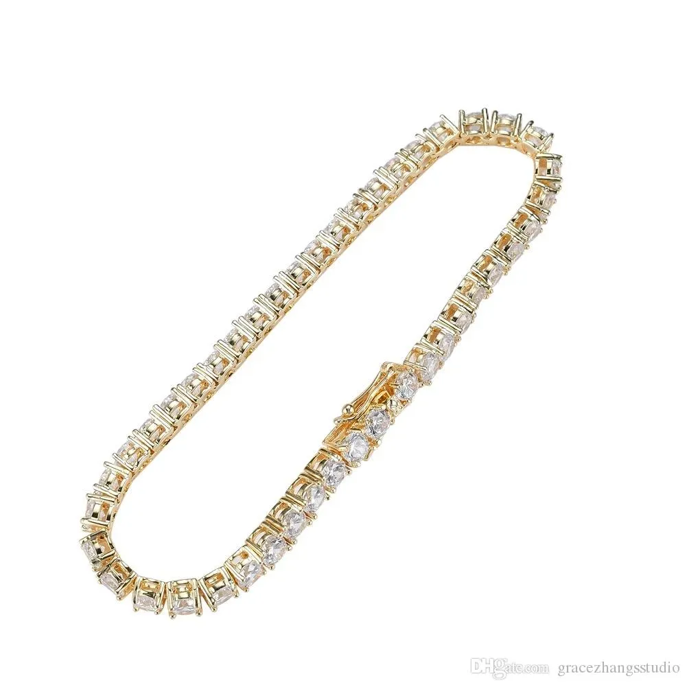 Hip Hop Tennis Diamonds Cadena Pulseras para hombres Cirones de cobre de moda 7 8 pulgadas Joyas de plata doradas265N