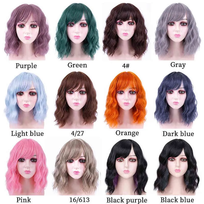 Hairpiece Leeons Short Black Wig Synthetic Wigs with Bangs for Women Purple Water Wave Natural Bob Heat Resistant False Hair Cosplay 0121