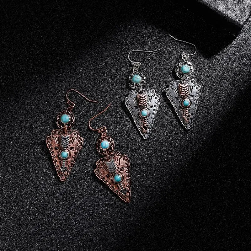 Banny Pink Tribal Turquoises- Stone Dangle Earrings For Women Ethnic Metal Arrow Statement Drop Earrings Vintage Stone293Y