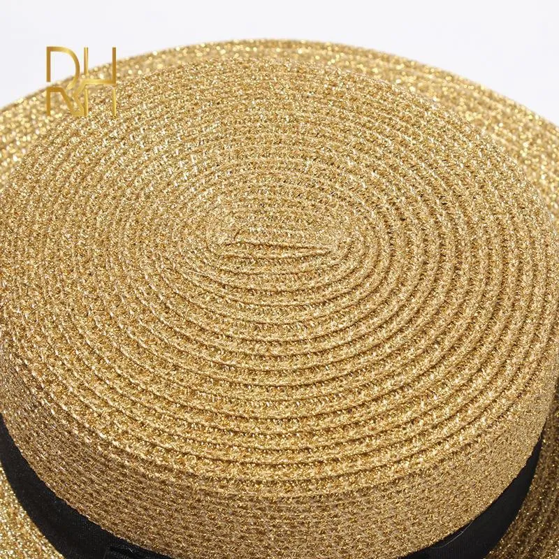 Ladies Sun Boater Flat Hats Small Bee Sequins Straw Hat Retro Gold Braided Hat Female Sunshade Shine Flat Cap RH 220712250i