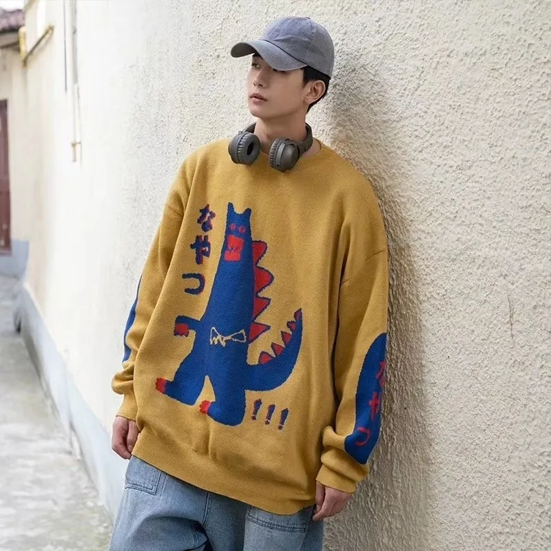 Erkekler Hip Hop Kazak Kazak Streetwear Japon Dinozor Örme Kazak Retro Vintage Sonbahar HipHop Kazak Jumper 201201 yazdır