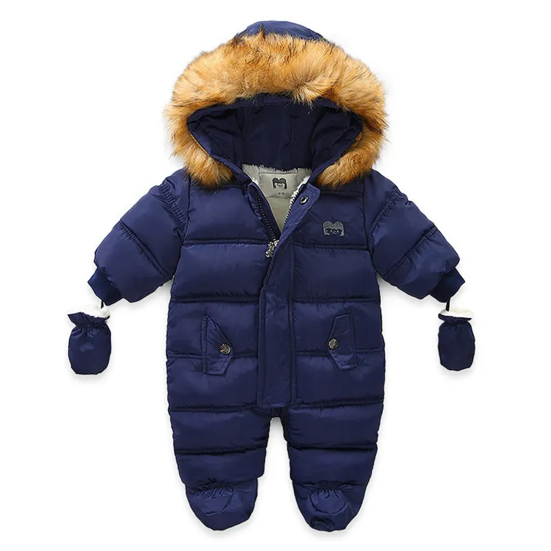 Enfants Hiver Combinaison Capuche De Fourrure Bébé Fille Garçon Habit De Neige Russe Hiver Infant Survêtement Ovealls Bébé Épais Barboteuses Avec Des Gants LJ201023