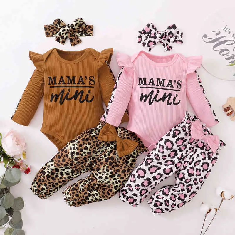 3 adet Yenidoğan Giyim Bebek Kız Giysileri Setleri Bebek Kıyafet Ruffles Romper Üst Yay Leopar Pantolon Yeni Doğan Toddler Giyim G1221