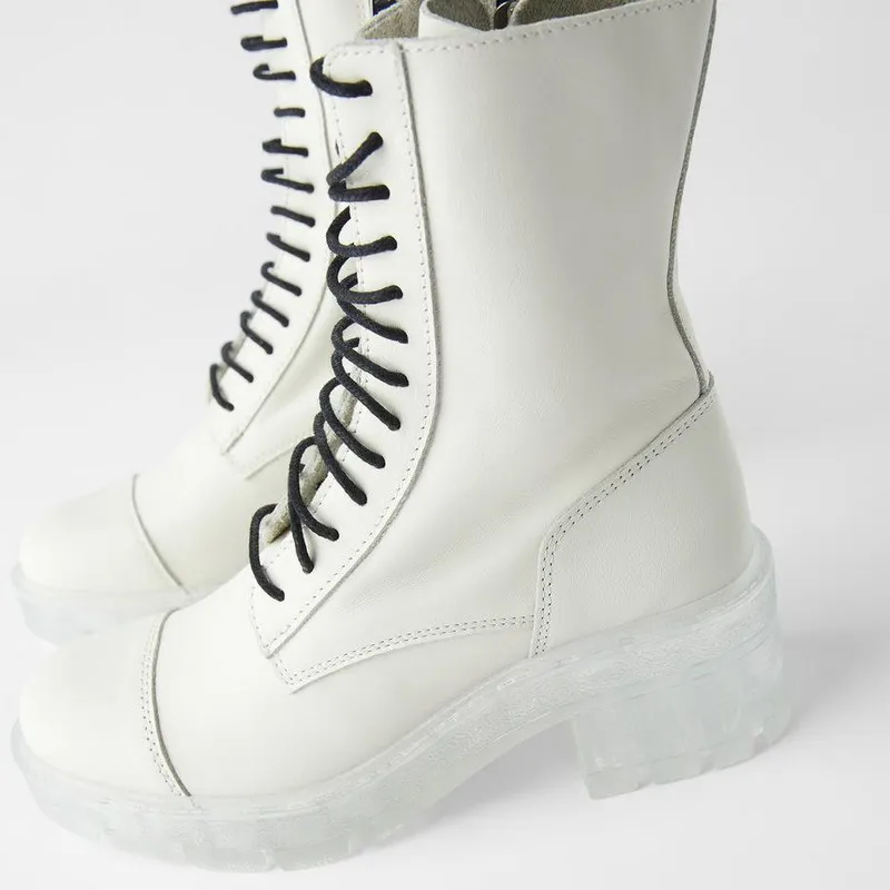 Beyaz deri kadın botları, kadınlar için tıknaz topuk ayak bileği botları sonbahar şeffaf düşük topuk platform ayakkabıları kadın 201102